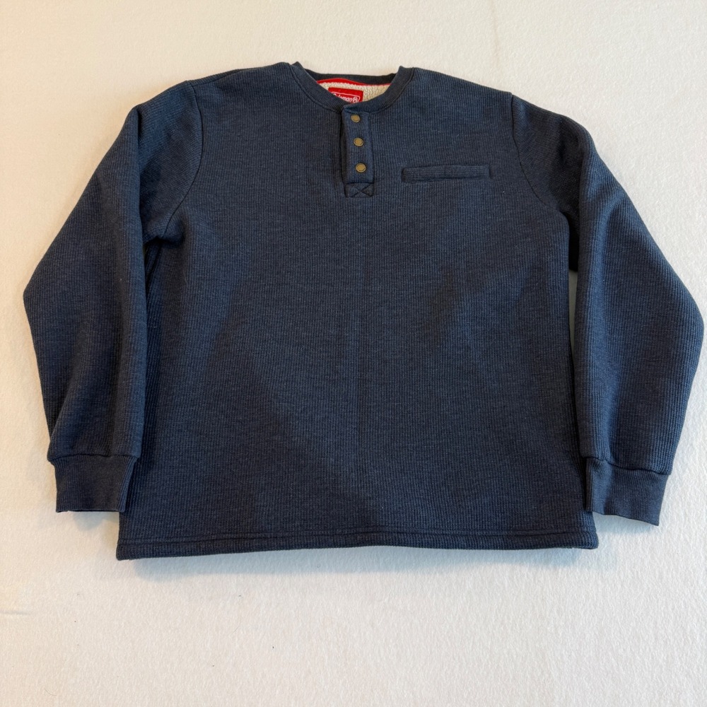 Coleman Sherpa Lined Thermal Henley Mens Large Blue Waffle Knit Shirt